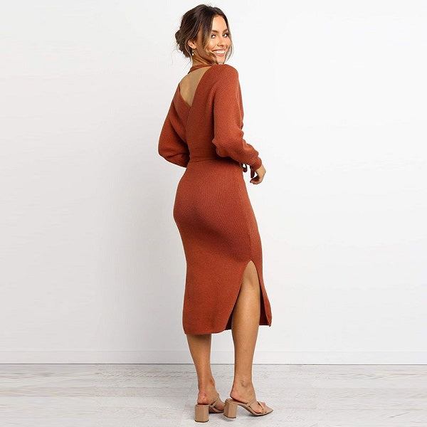 V-neck Lace-up Knitted Dress