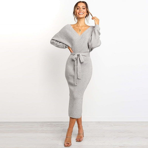 V-neck Lace-up Knitted Dress