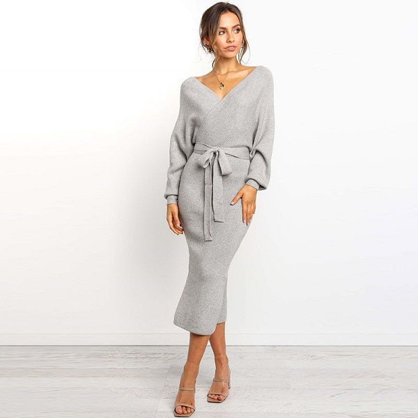 V-neck Lace-up Knitted Dress