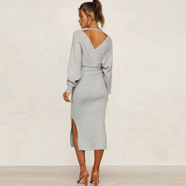 V-neck Lace-up Knitted Dress