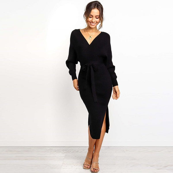 V-neck Lace-up Knitted Dress