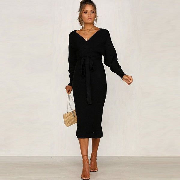 V-neck Lace-up Knitted Dress