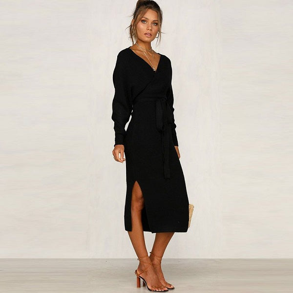 V-neck Lace-up Knitted Dress