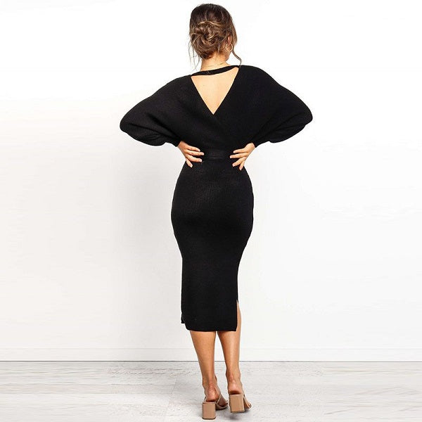 V-neck Lace-up Knitted Dress