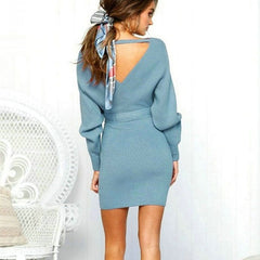 V-neck Long Sleeve Lace-up Knitted Dress