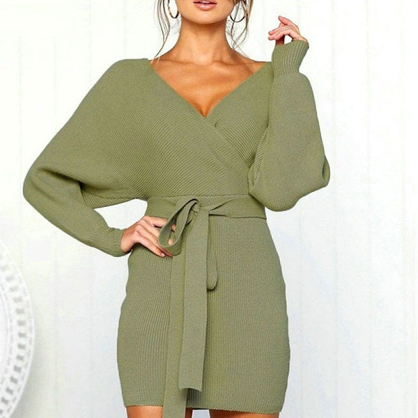 V-neck Long Sleeve Lace-up Knitted Dress