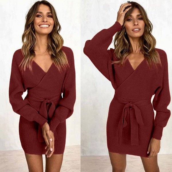 V-neck Long Sleeve Lace-up Knitted Dress