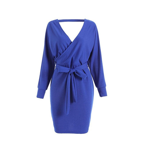 V-neck Long Sleeve Lace-up Knitted Dress