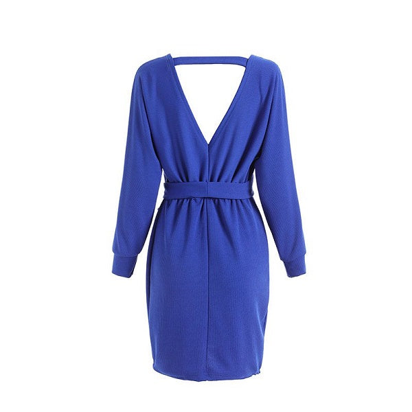 V-neck Long Sleeve Lace-up Knitted Dress