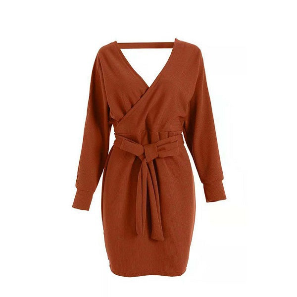 V-neck Long Sleeve Lace-up Knitted Dress
