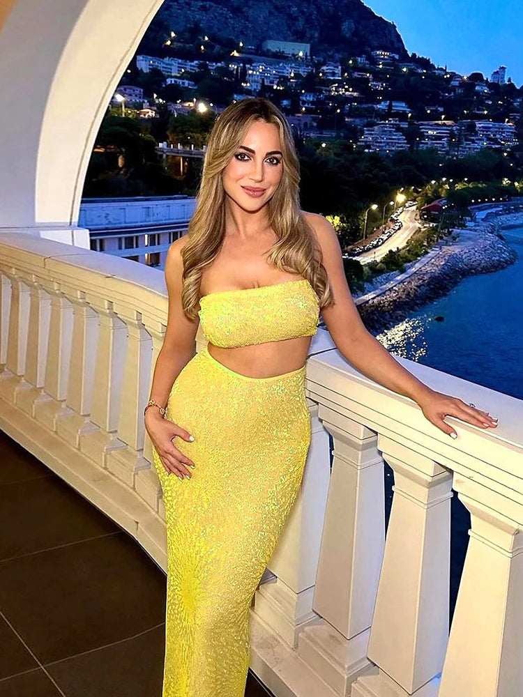 Hipster Festival Style Wrapped Chest Mini Tops Matching Straight Maxi Skirts Vacation Suits