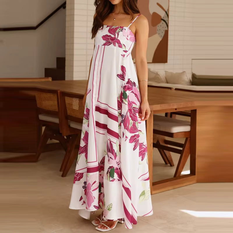 Vintage Bohemian Flower Print Swing Spaghetti Straps Beach Style Maxi Dress