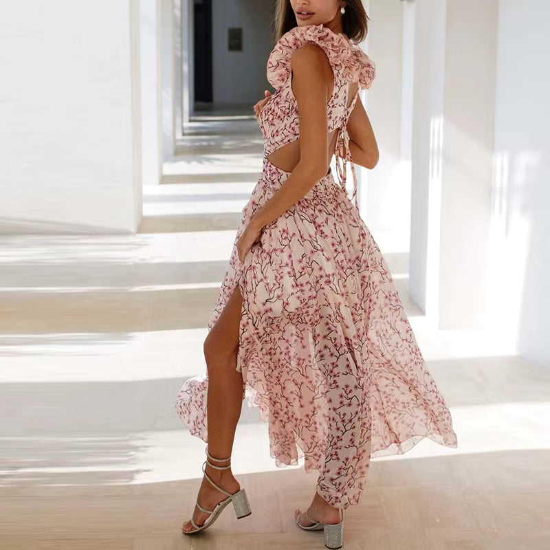 Elegant Ruffle Floral Printed Hollow Out Deep V-neck High Waist Split Maxi Dress