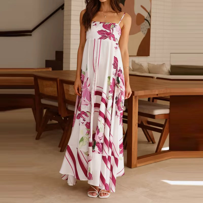Vintage Bohemian Flower Print Swing Spaghetti Straps Beach Style Maxi Dress