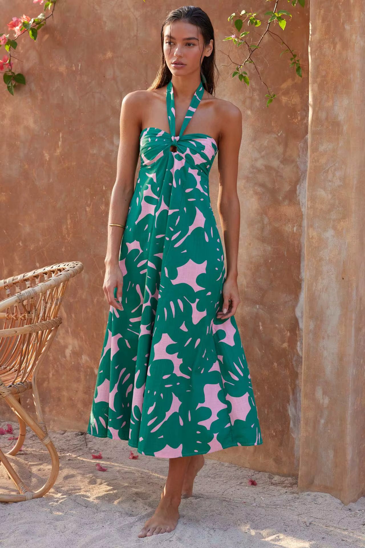 Bohemian Hanging Neck Printed Flower Beach Style Long Maxi Dress