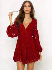 Elegant Lace Embellishment V-Neck Mini Dress With Lantern Sleeves