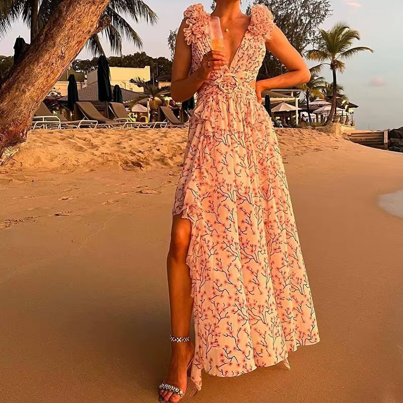 Elegant Ruffle Floral Printed Hollow Out Deep V-neck High Waist Split Maxi Dress