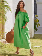 Casual Pleated Bohemian Off-Shoulder Puff Sleeve Shift Maxi Dress