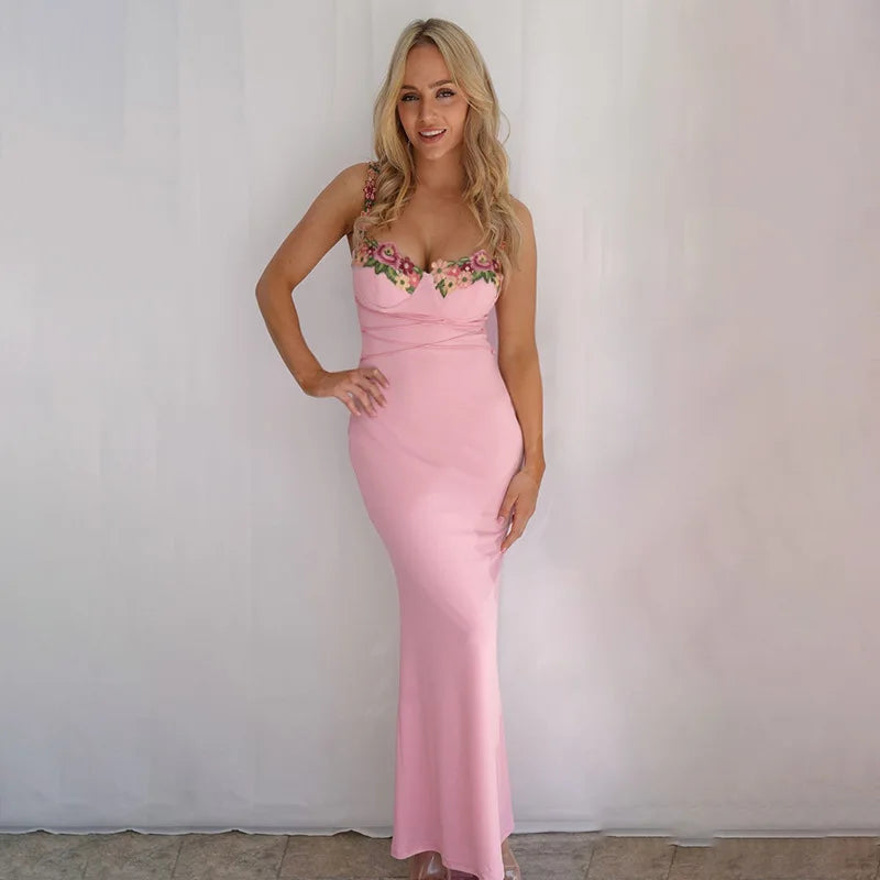 Elegant Spaghetti Strap Print Patchwork Maxi Dress Strapless Sleeveless Backless Bodycon Long Dress