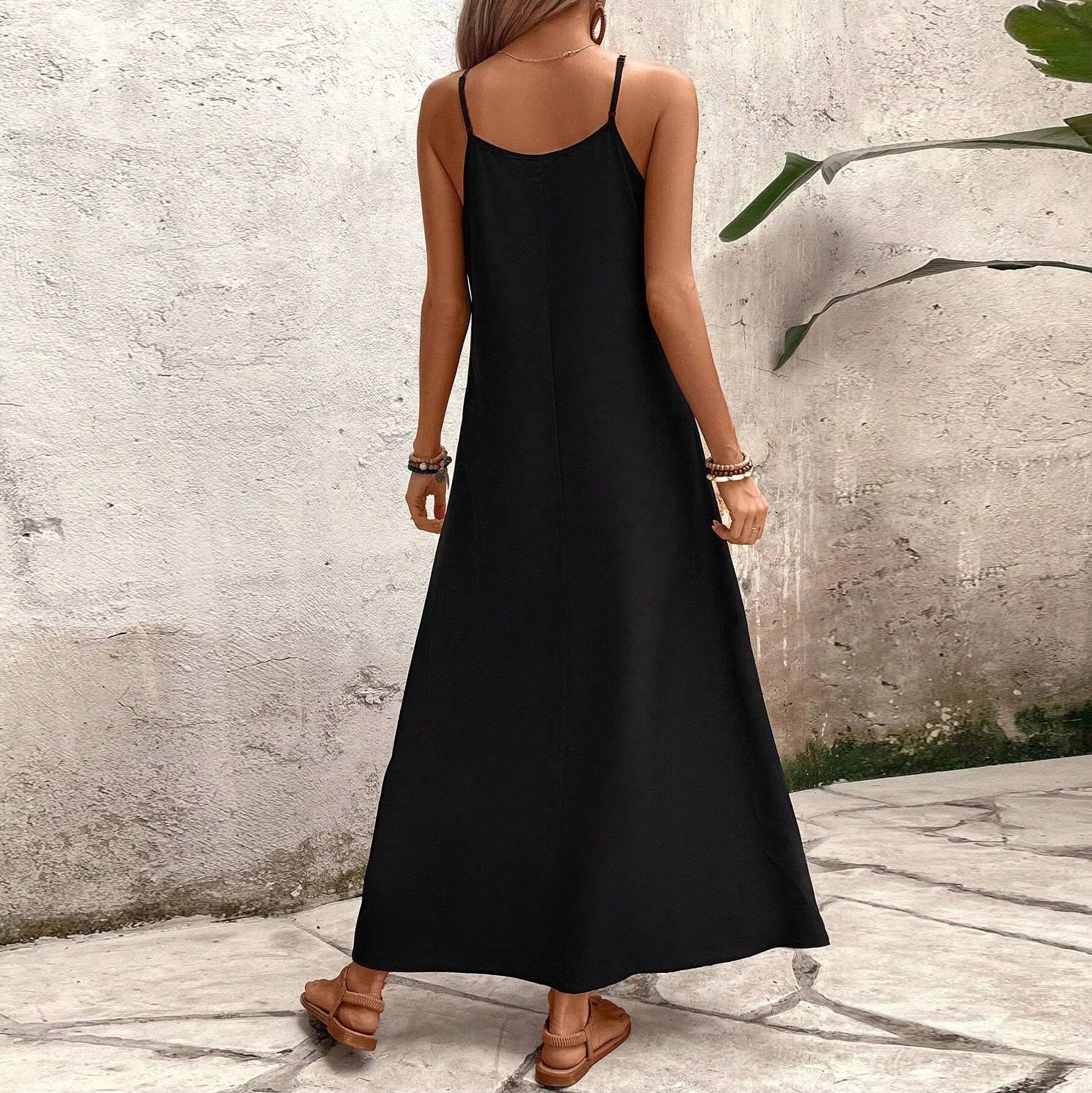 Casual Side Pocket Adjustable Shoulder Ankle Length Maxi Dress