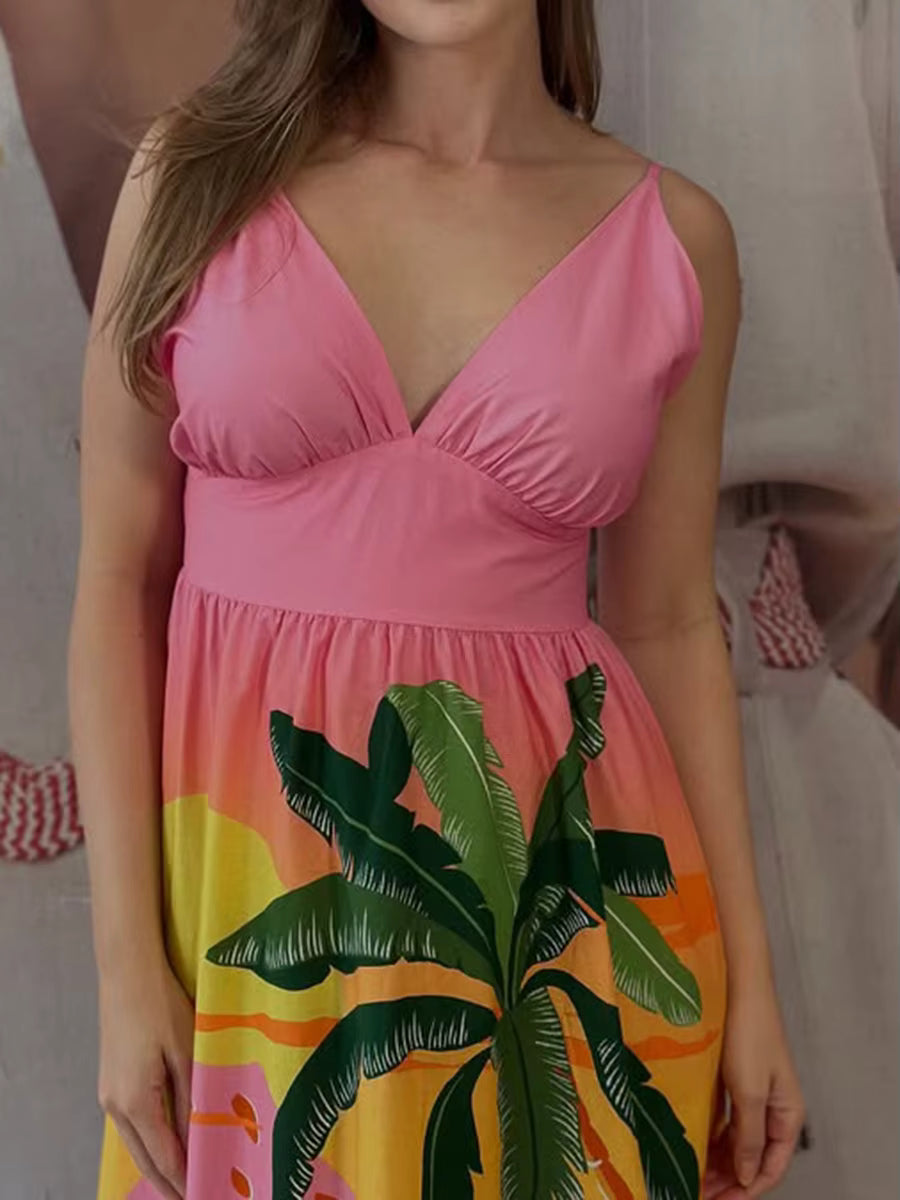 Beach Style Printed V-Neck Sleeveless Patchwork Elastic High Waist Maxi Dress
