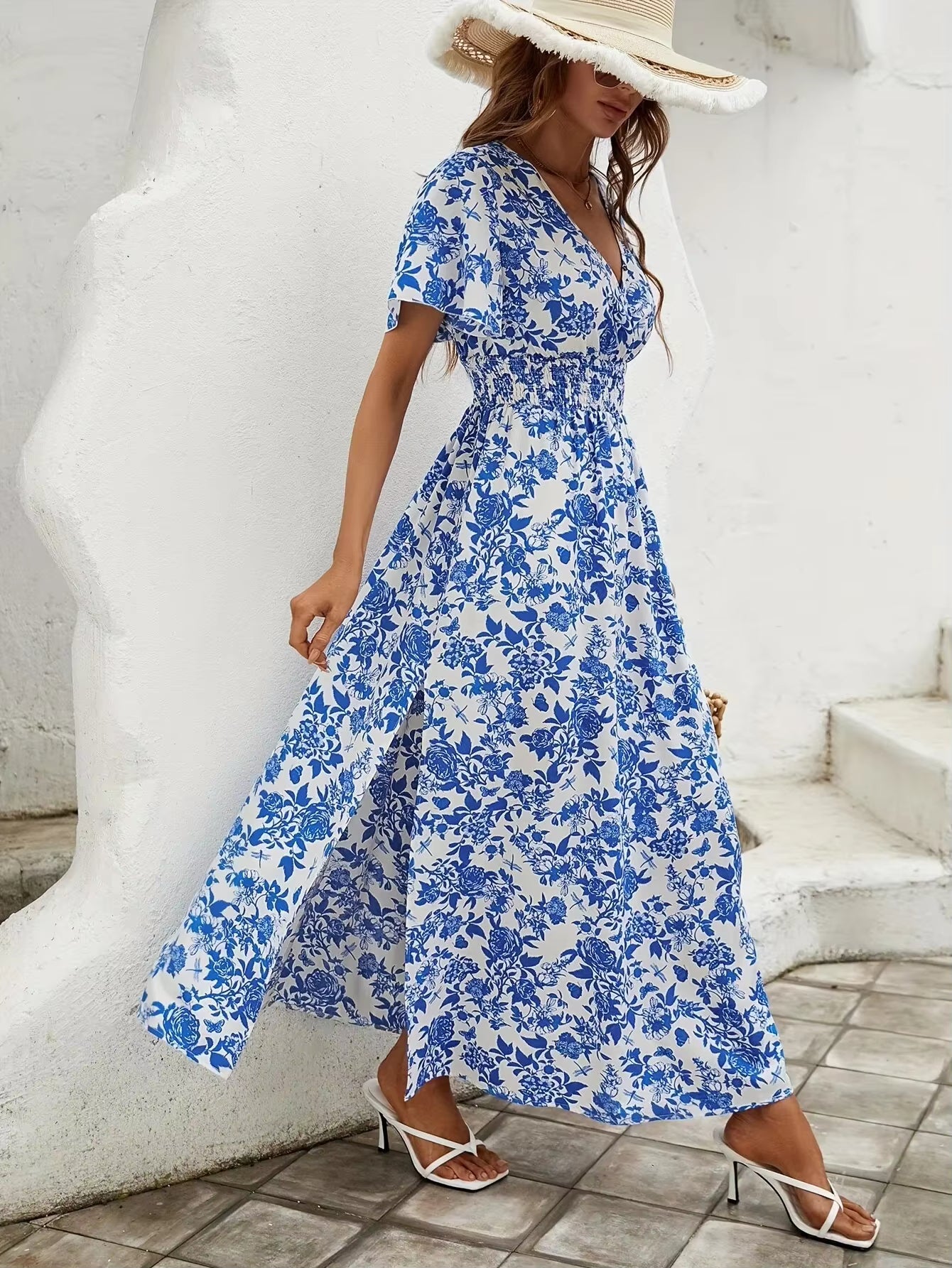 Casual Bohemian Print V-neck Short Sleeve Beach Maxi Dress