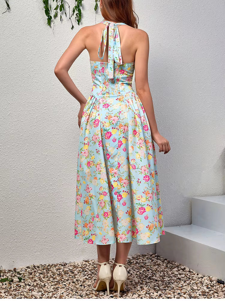 Elegant Spaghetti Straps Tie Up Halter Backless Print Floral Midi Corset Dress