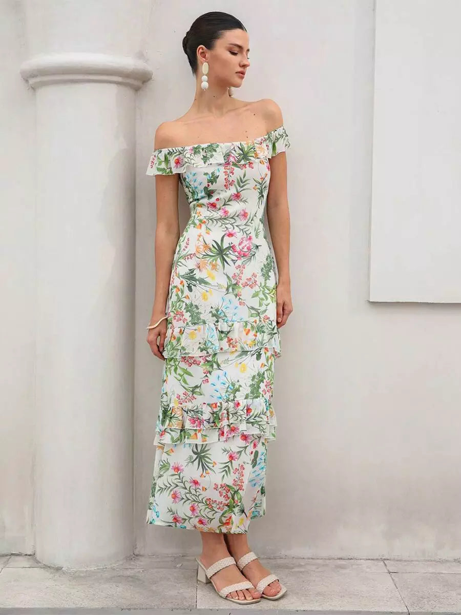 Elegant Floral Design Print Sleeveless With Layered Long Maxi Dress