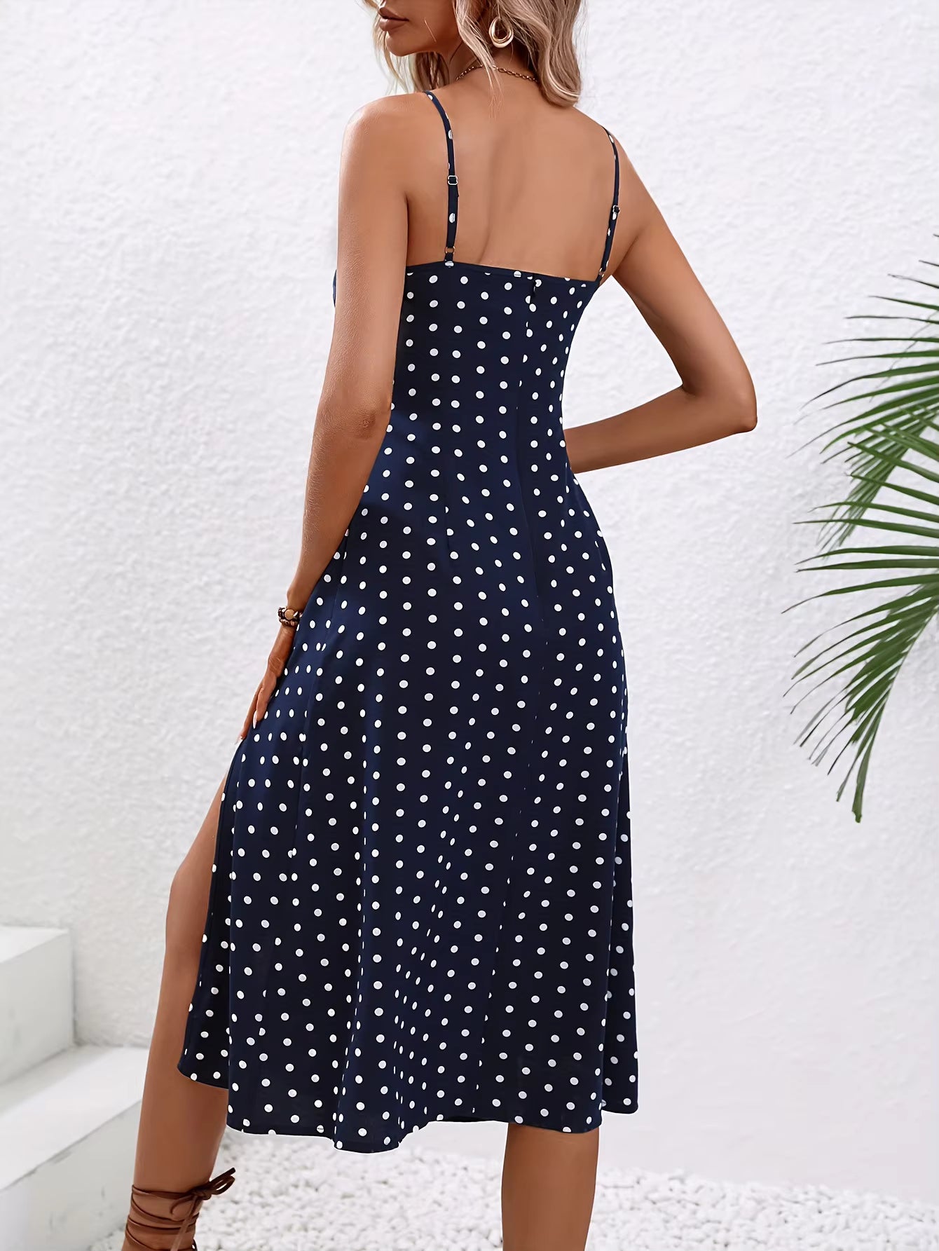 Casual Polka Dot Print Sleeveless Spaghetti Straps Slit Midi Dress
