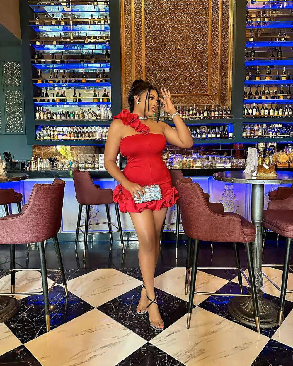 Ruffle Design One Shoulder Sleevleess Backless Ruched Party Club Bodycon Mini Dress