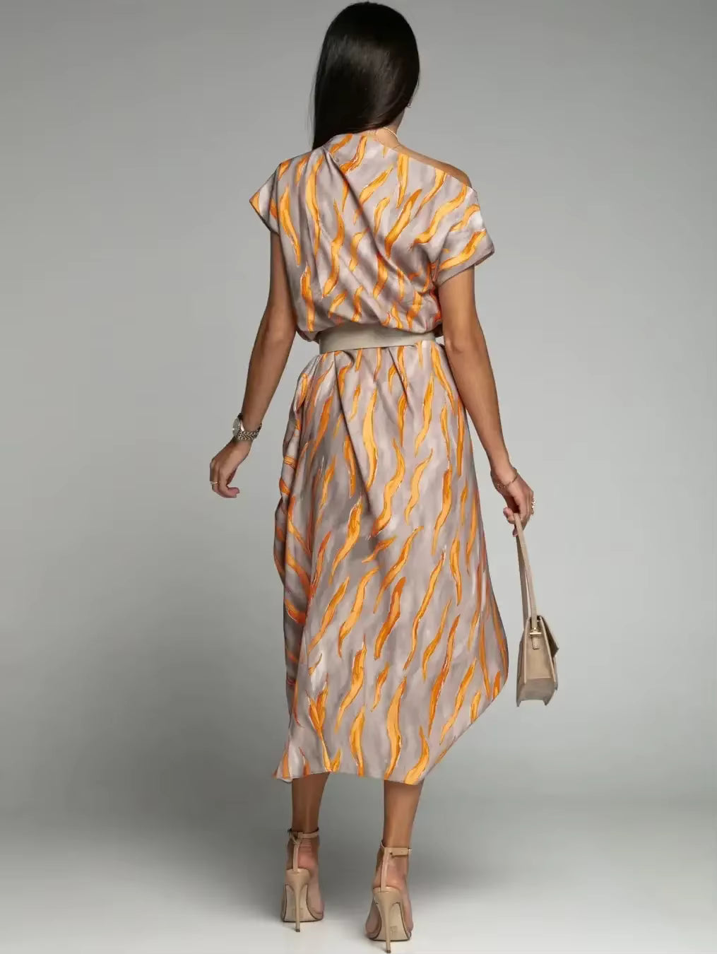 Casual Versatile Street Style Fit And Flare Print With Belt Midi Dress