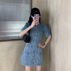 Casual Fitted High Waist Short Sleeve Denim Mini Dress