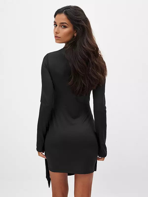 Elegant Asymmetrical Hem Long Sleeve Ruched Bodycon Mini Dress