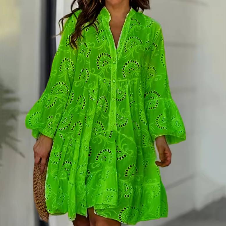 Vintage Embroidery Beach Style Solid Lace Hollow Out Pattern Loose Mini Dress