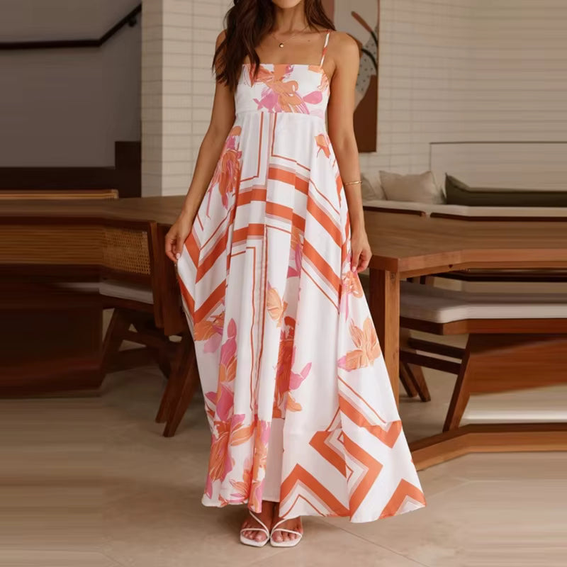 Vintage Bohemian Flower Print Swing Spaghetti Straps Beach Style Maxi Dress