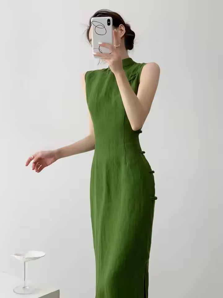 Vintage Natural Literature Art Sleeveless Waist Cinching Slit Maxi Dress
