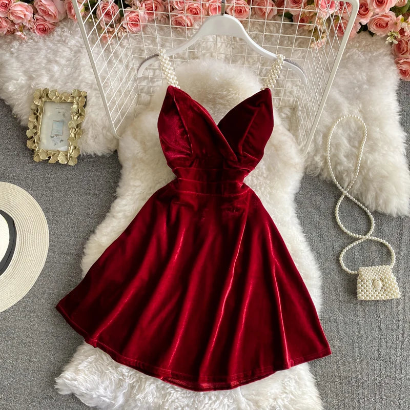Spaghetti Strap Deep V-Neck Sleeveless Velvet Dress