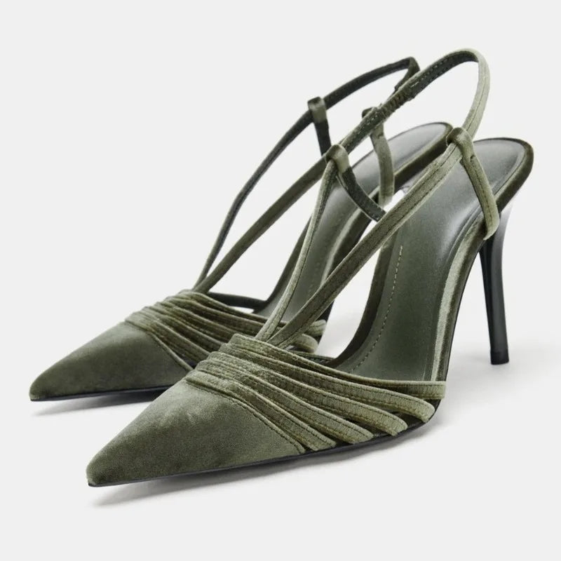 Velvet Effect Body Pumps Pointed Toe Strappy Detail High Heel