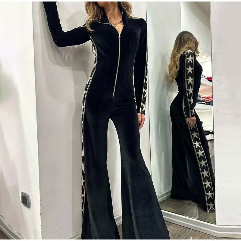 Velvet Patchwork Zipper Elegant Lapel Star Print Overalls Long Sleeve Jumpsuit