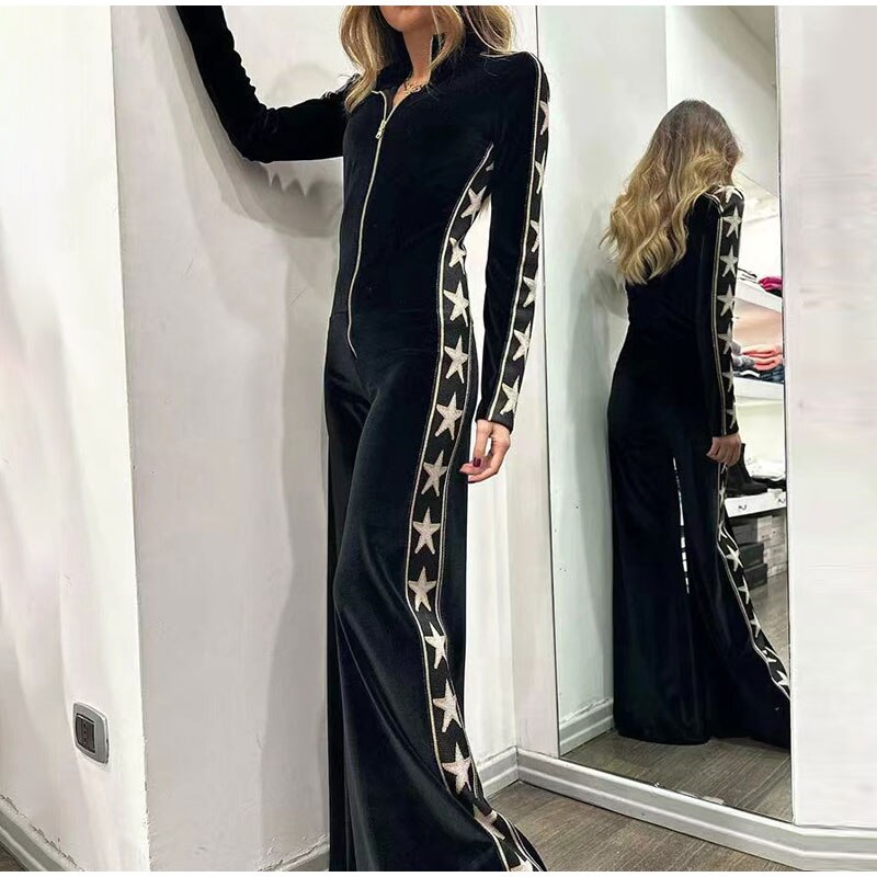 Velvet Patchwork Zipper Elegant Lapel Star Print Overalls Long Sleeve Jumpsuit