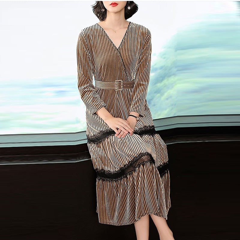 Velvet Striped Elegant vestido long  party dress