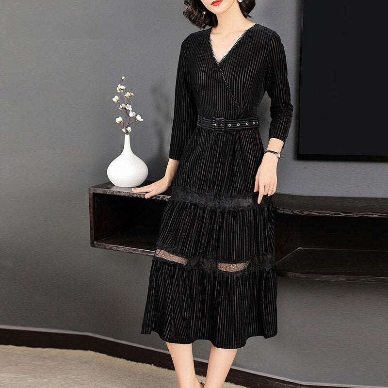Velvet Striped Elegant vestido long  party dress