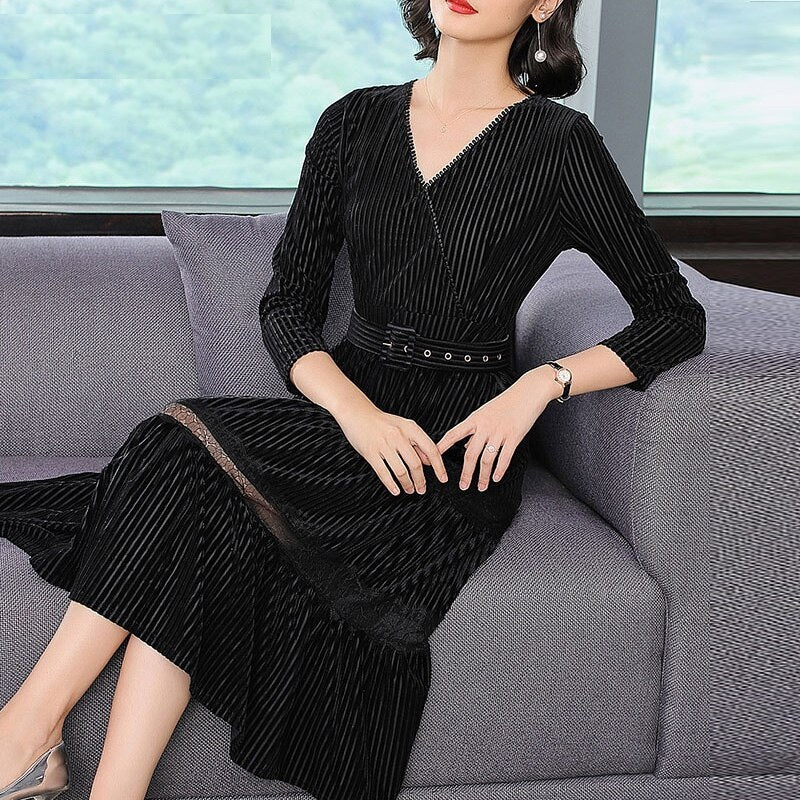 Velvet Striped Elegant vestido long  party dress