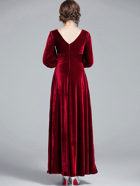 Velvet V-Neck Long Sleeve Buttons Slim Fit Maxi Party Dress