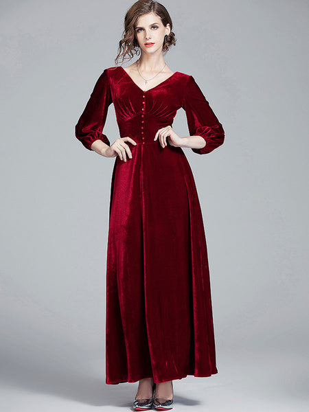 Velvet V-Neck Long Sleeve Buttons Slim Fit Maxi Party Dress