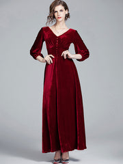 Velvet V-Neck Long Sleeve Buttons Slim Fit Maxi Party Dress