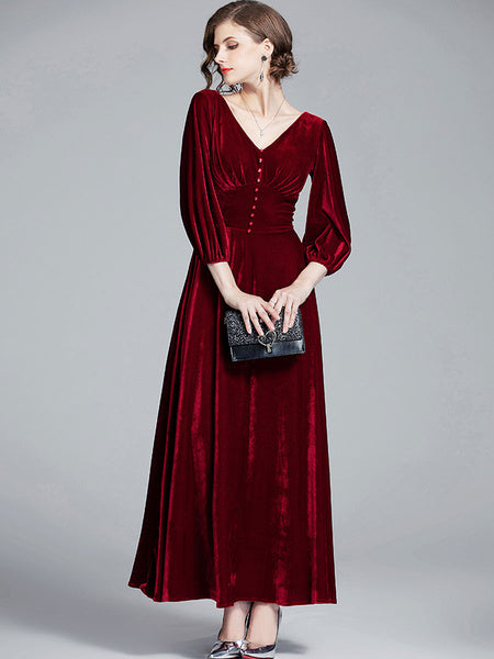 Velvet V-Neck Long Sleeve Buttons Slim Fit Maxi Party Dress