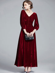 Velvet V-Neck Long Sleeve Buttons Slim Fit Maxi Party Dress