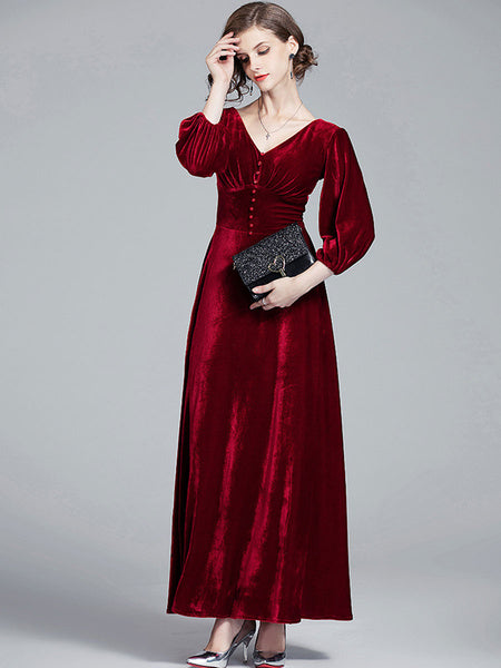 Velvet V-Neck Long Sleeve Buttons Slim Fit Maxi Party Dress