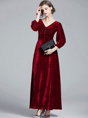 Velvet V-Neck Long Sleeve Buttons Slim Fit Maxi Party Dress